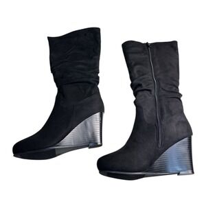 Journee Collection Haze Wedge Mid-Calf High Boots Black Faux Suede Womens Size 8